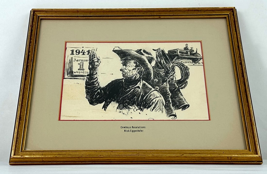 Nick Eggenhofer Cowboy Drybrush on Paper: Title is Cowboys Resolutions. 11 1/2" by 14 1/4" framed. Nick (Nicholas) Eggenhofer (1897 - 1985) was active/lived in New Jersey, Wyoming. Nick Eggenhofer is known for Western illustration, frontier p