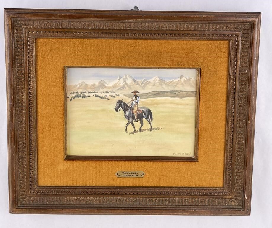 Leonard Reedy Montana Rockies Watercolor Painting: 17 1/4" by 20 1/2" framed. Leonard Howard Reedy (1899 - 1956) was active/lived in Illinois. Leonard Reedy is known for Western theme painting. Leonard Reedy was a landscape and figure painter, born in