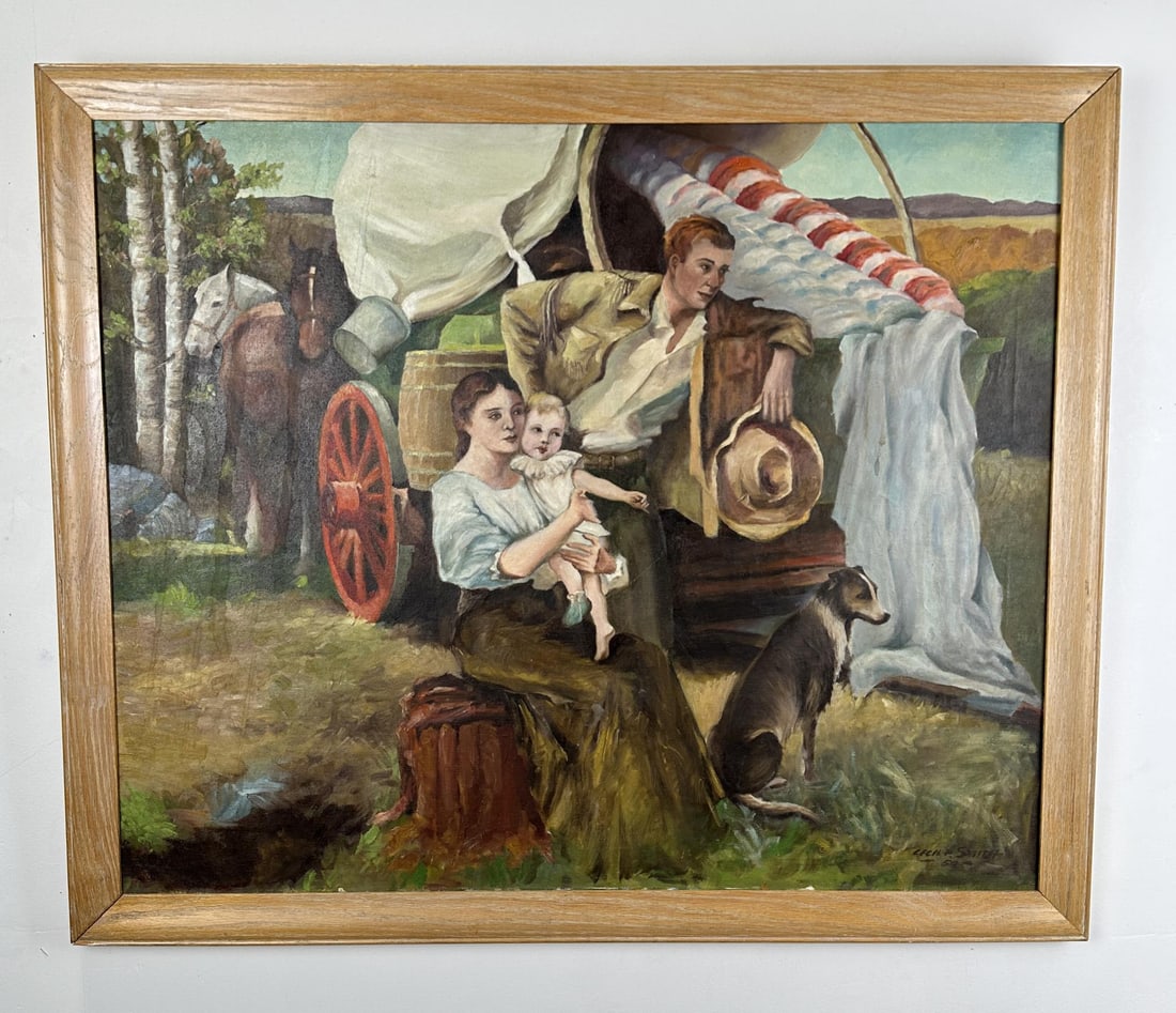 Cecil Alden Smith Montana Oil Painting: 33 1/2" by 39 1/2" framed. Cecil Alden Smith (1910 - 1984) was active/lived in Montana. Cecil Smith is known for Western genre, landscape, sculptor. Experts in the field of Western art have called Cec