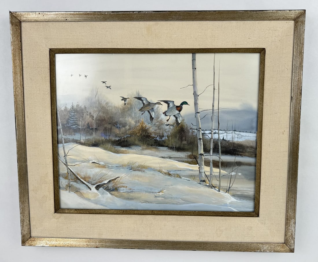 Tom Sander Montana Gouache Painting: 23 3/8" by 27 1/2" framed. Tom Sander (Born 1938) is active/lives in Montana. Tom Sander is known for Wildlife-painter and sculptor. Wildlife artist Tom Sander was born in Bellingham, Washington in 19