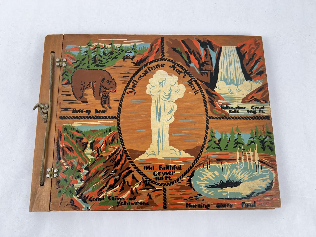 Yellowstone Souvenir Photo Album with Photos: Contains dozens of postcards photos and pieces of park ephemera. Yellowstone Park Montana.