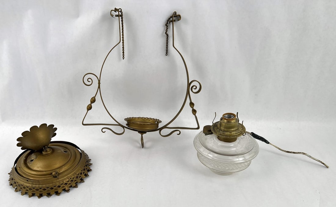 Antique Hanging Oil Lamp: Electrified but requires rewiring.