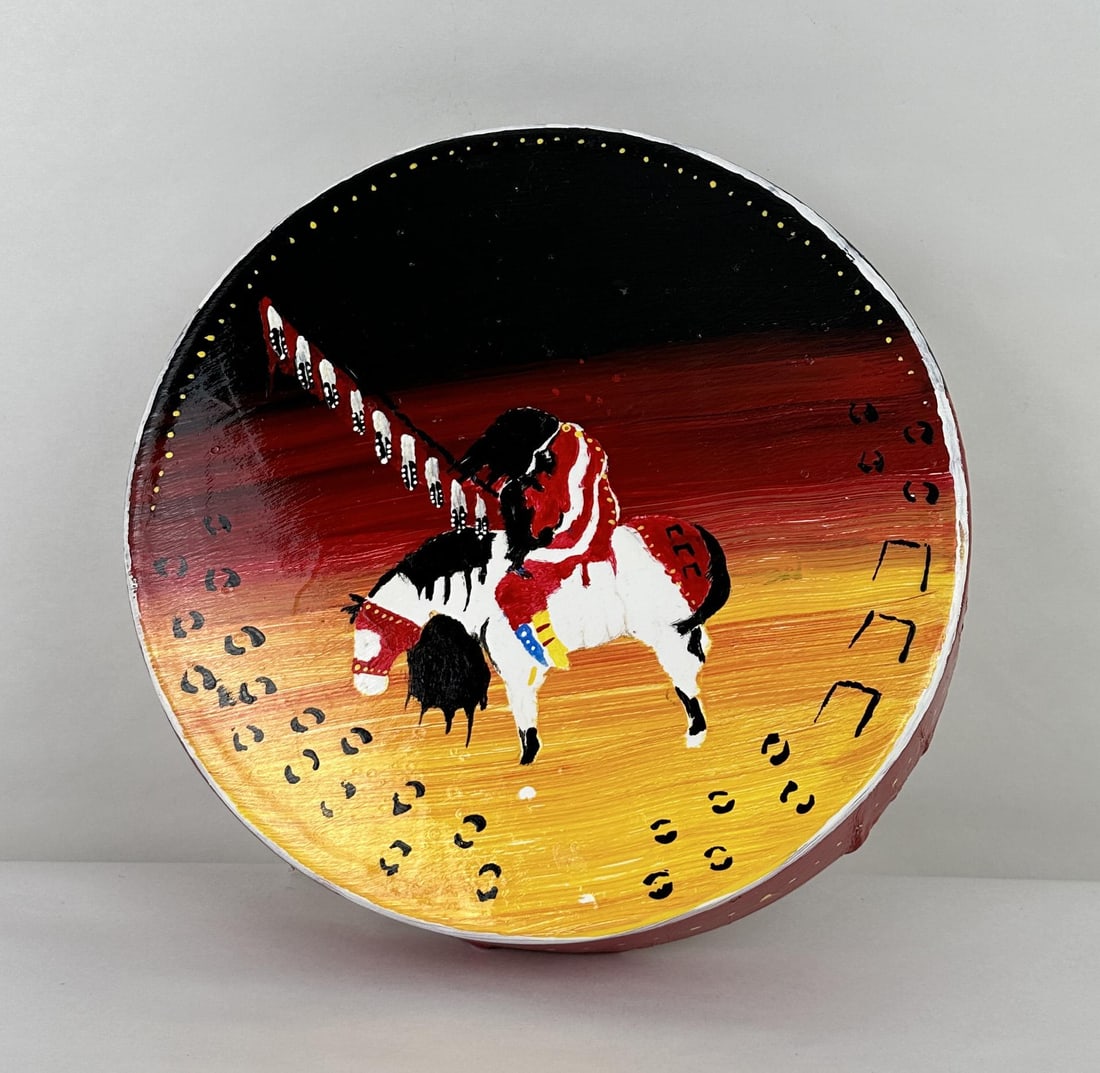 Willis Iron Shirt Native American Indian Drum: Measures 12" in diameter by 3" thick. Piikani Nation Alberta Canada.