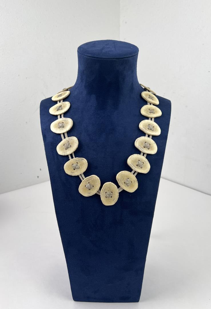 Native American Indian Antler & Leather Necklace: Closed length 26 1/2".