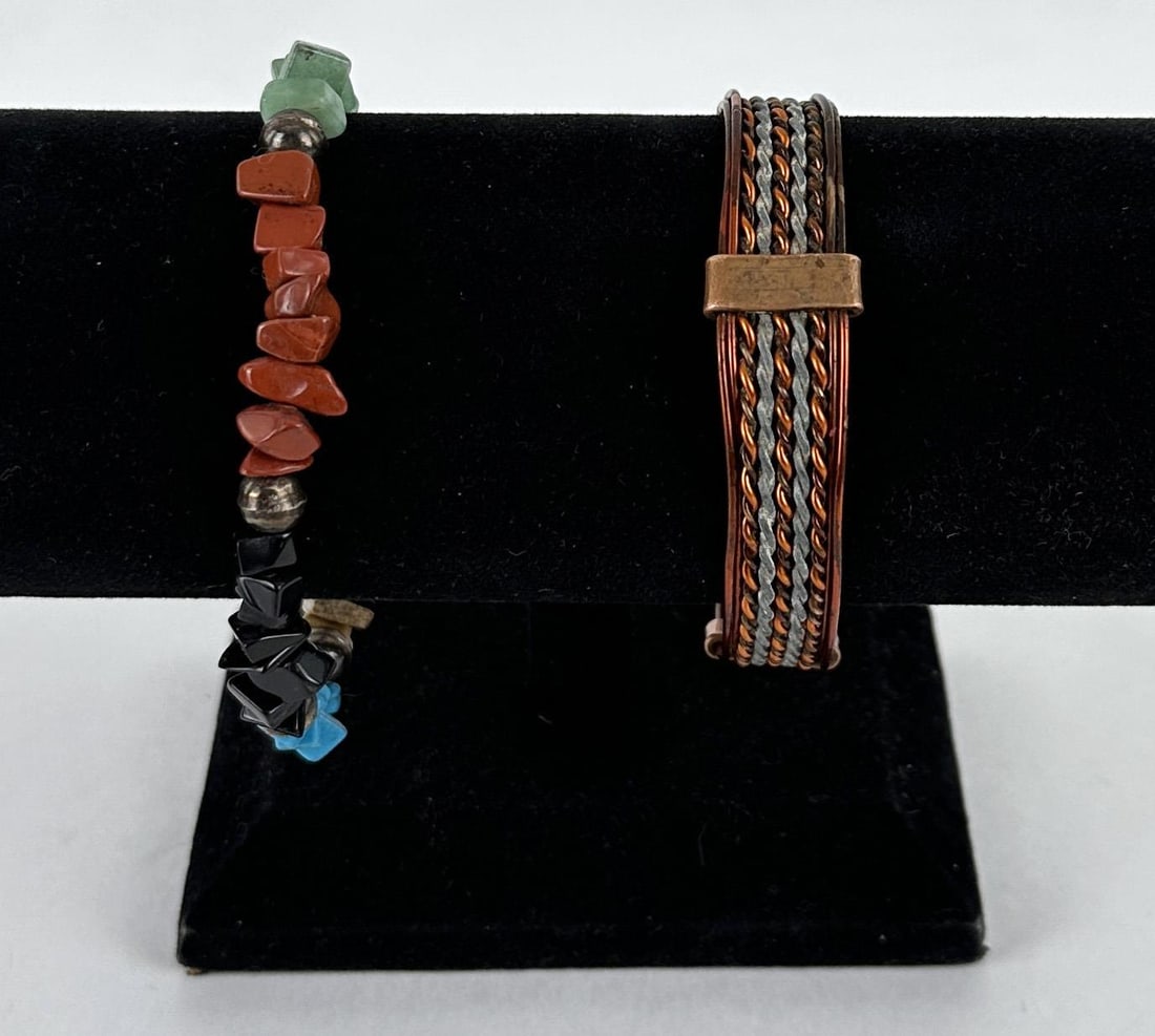 Mixed Stone Beaded & Copper Cuff Bracelets: Beaded bracelet measures 8 1/4" long open.