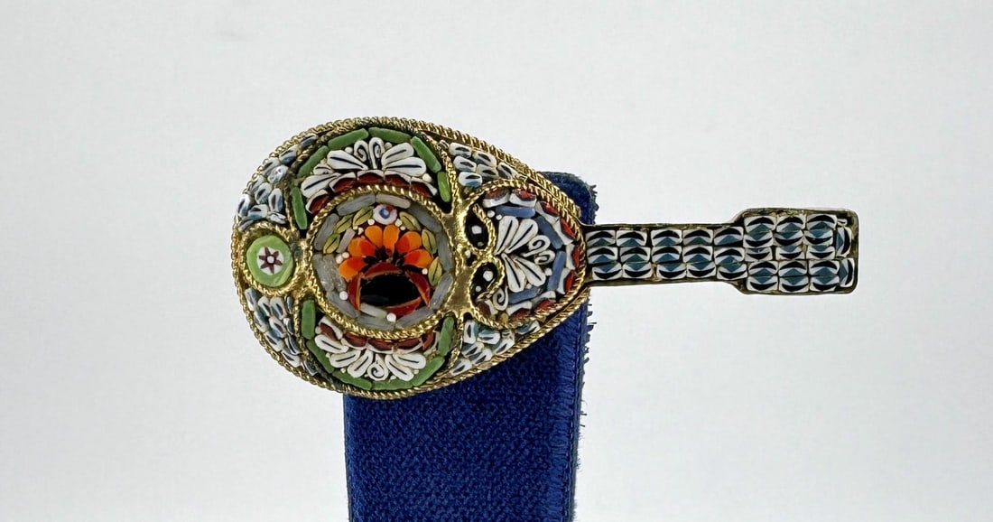 Musical Instrument Micro Mosaic Brooch Italy: 1 3/4" long by 3/4" wide