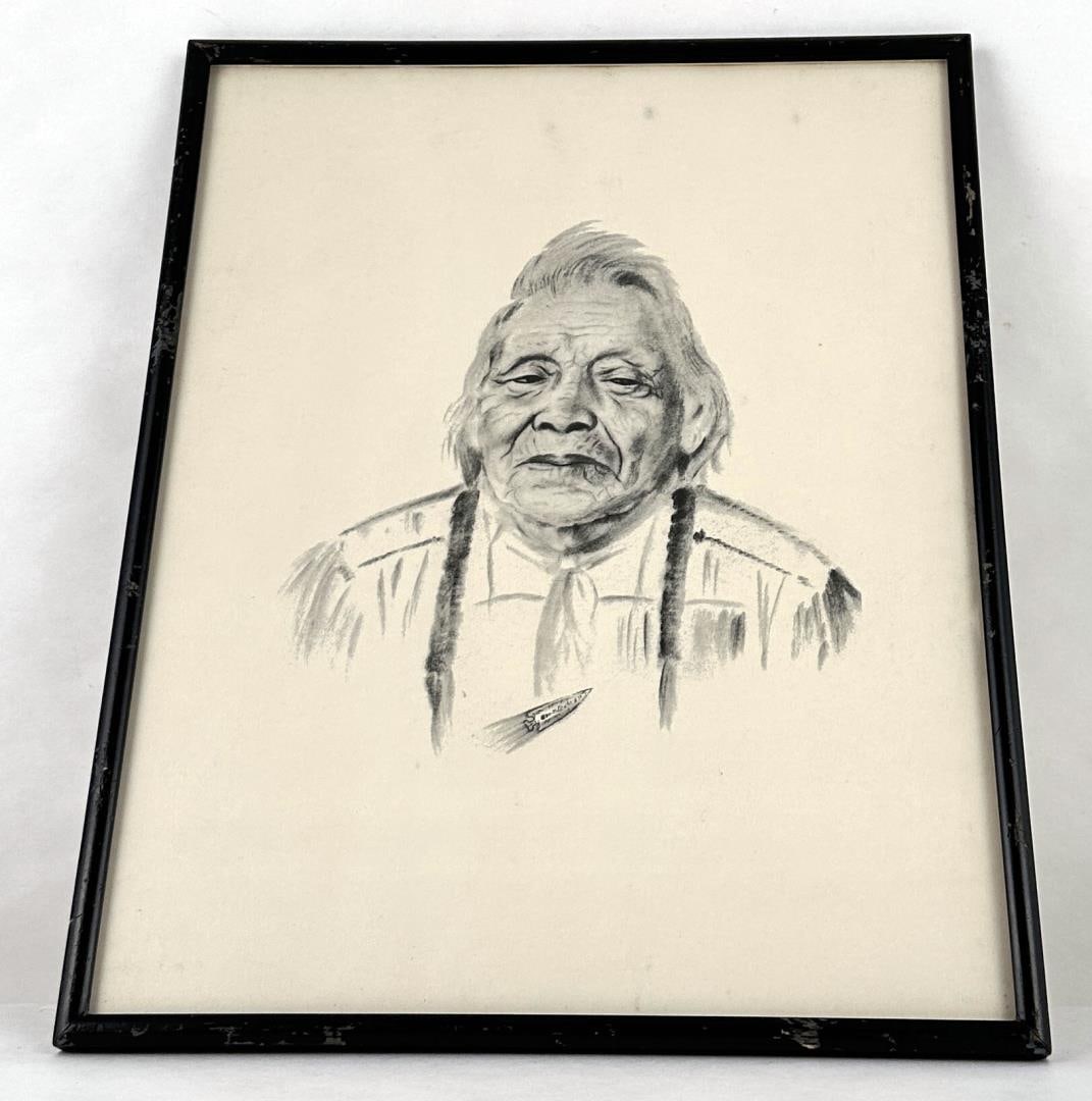 George McKee Cochran Indian Drawing: 11 1/2" by 14 1/2" framed. George McKee Cochran (1908 - 1990) was active/lived in Oregon, Oklahoma. George Cochran is known for Painter, cartoonist, illustrator, writer.