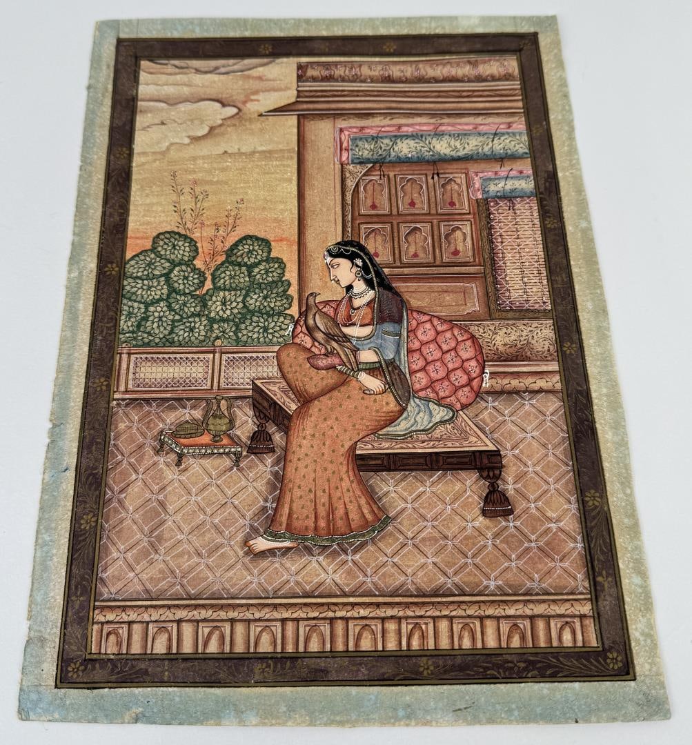 Mughal India Princess with Falcon Painting: 8 1/4" by 11 1/4".