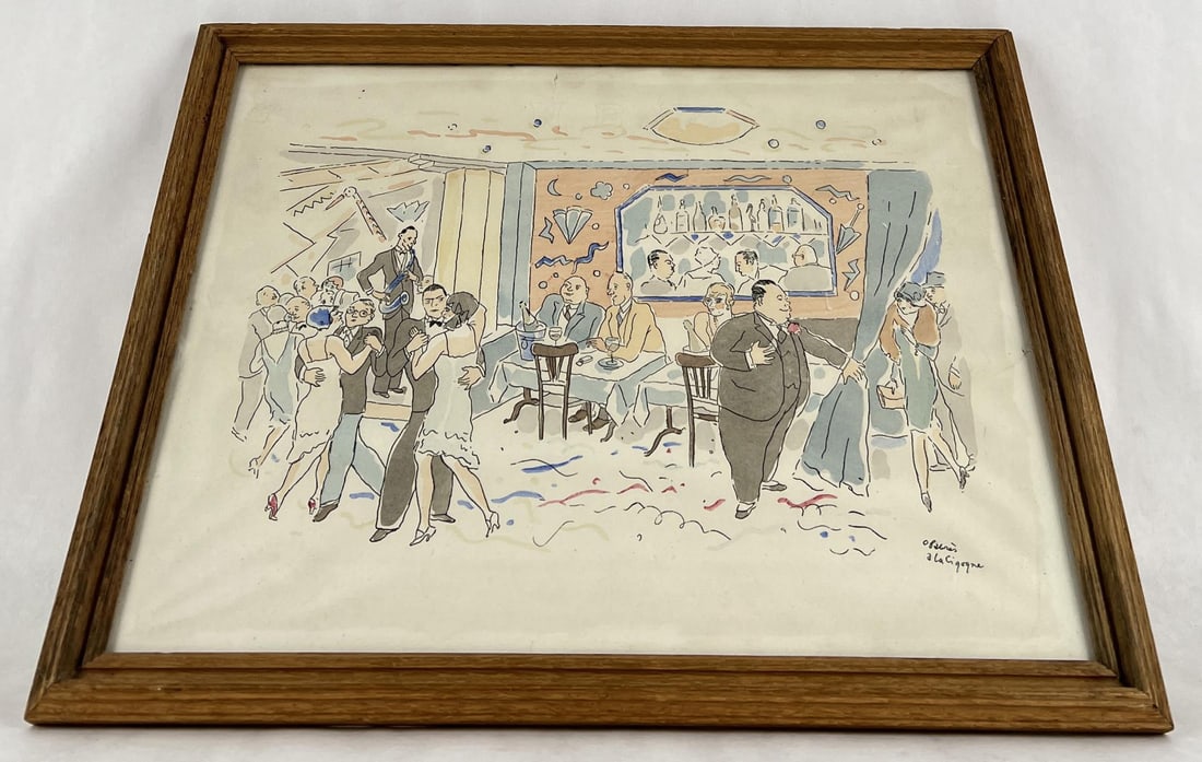Oscar Fabres A La Cigogne Watercolor: 12 1/4" by 16" framed. Oscar Fabres (1894 - 1960) was active/lived in New York / Chile. Oscar Fabres is known for Illustrations. Oscar Fabr?s was a Chilean illustrator of children's books and commerci