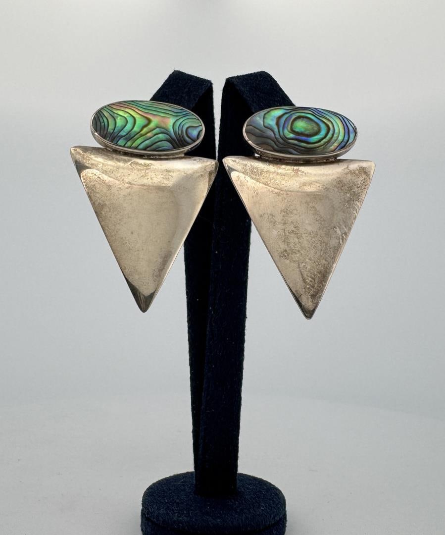 Taxco Mexico Sterling Silver Abalone Earrings: 1 1/2" by 1"