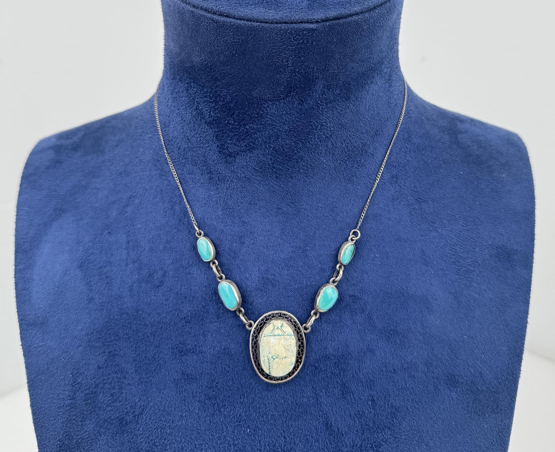 Ancient Egyptian Faience Pottery Scarab Necklace: 9 1/8" long.