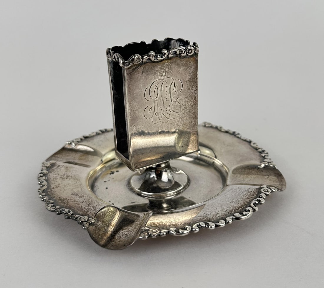 Antique Marcus & Co Sterling Silver Match Holder: Nice old Cigar Ashtray. 3" tall, 4 3/4" diameter.