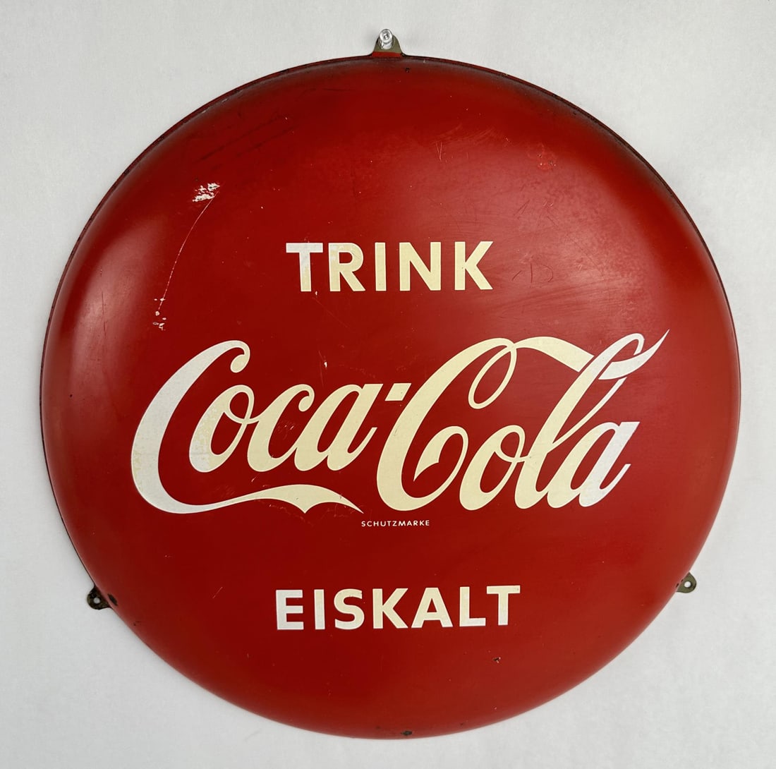 German Trink Eiskalt Coca Cola Button Sign: 16" diameter. Nice original sign.