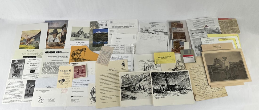 Large Collection of Will James Ephemera: Letters, Receipts, Photos, Articles, Manuscript, and much more. All items correlate to the life and history of Will James. Ex Mike Jensen collection.
