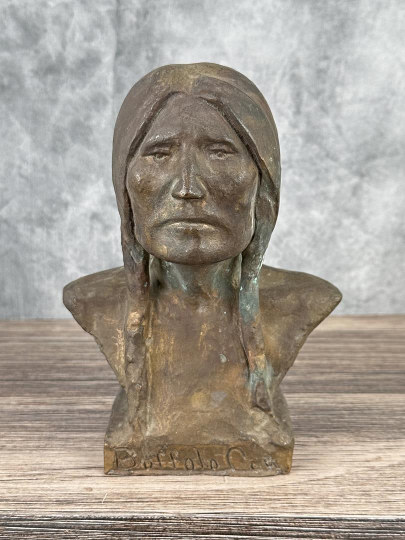 Harry Andrew Jackson Bronze Indian: Title is Buffalo Cow. 7 1/4" tall, 5 1/2" long, 3 5/8" wide. Provenance: Harry Andrew Jackson Estate. Harry Andrew Jackson (1924 - 2011) was active/lived in Wyoming, Illinois. Harry Jackson is known f