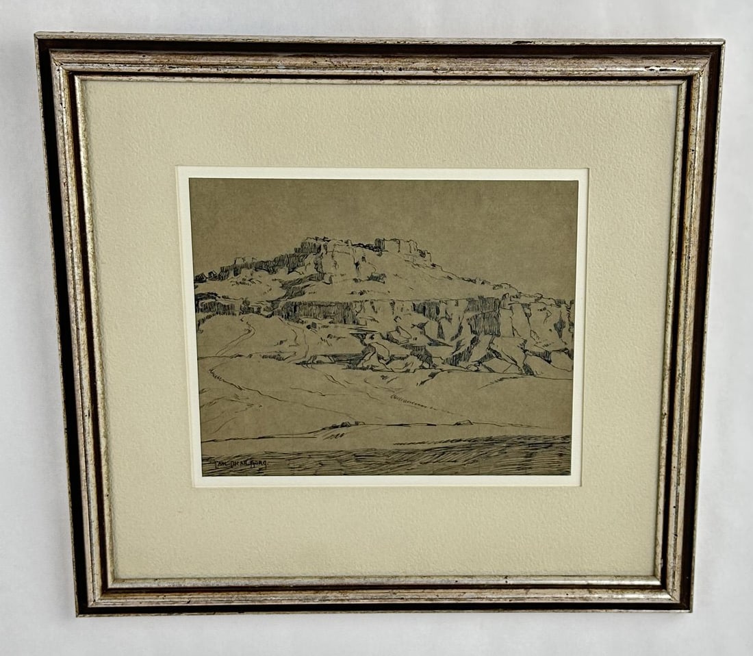 Carl Oscar Borg Pen and Ink Drawing Taos Desert: Title is Desert Landscape. 13" by 14" framed. Carl Oscar Borg (1879 - 1947) was active/lived in California / Sweden. Carl Borg is known for Western, Indian genre, and landscape painting. Known for Sou