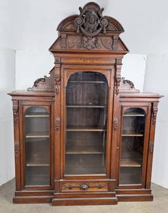 Stunning Victorian Eastlake Walnut Bookcase: 93 1/2" tall, 73 1/2" long, 23" deep. Requires either local pickup or shipment via LTL carrier.