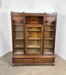 Gorgeous Victorian Eastlake Walnut Bookcase: 72" tall, 17" deep, 59 1/2" long. Requires either local pickup or shipment via LTL carrier.