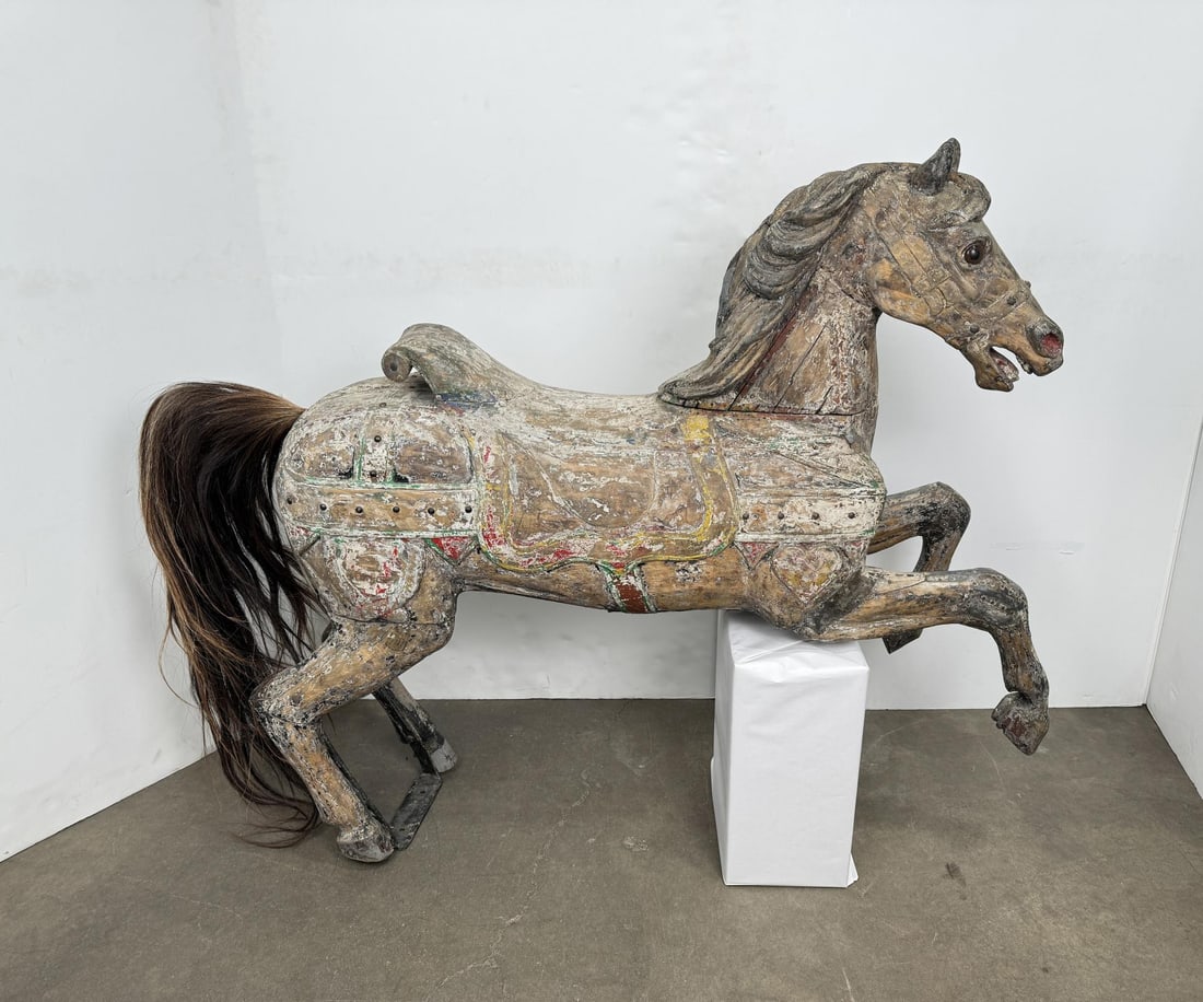 Antique Friedrich Heyn Prancer Wood Carousel Horse: Very nice example, retains some original paint. Original glass eyes and studs. An outside row “Prancer” carved wood carousel horse by Heyn. An, early and large horse for Heyn. 57" long, 50" ta