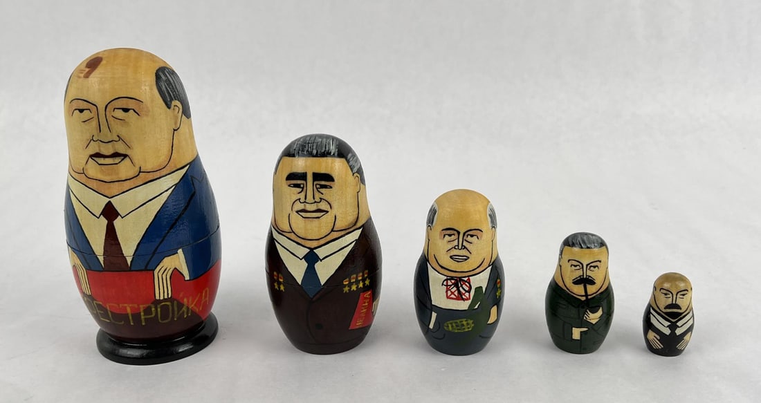 USSR Russia Political Leaders Matryoshka Doll Set: 5 nesting dolls. Largest is 6 1/2" tall by 3" in diameter.