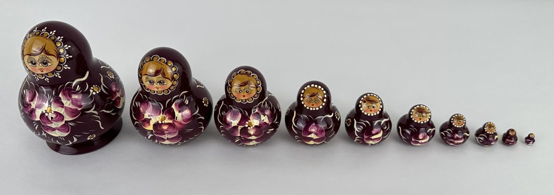 Traditional Russian Matryoshka Doll Set: 10 nesting dolls. Largest measures 4 1/2" tall by 3 1/3" in diameter.