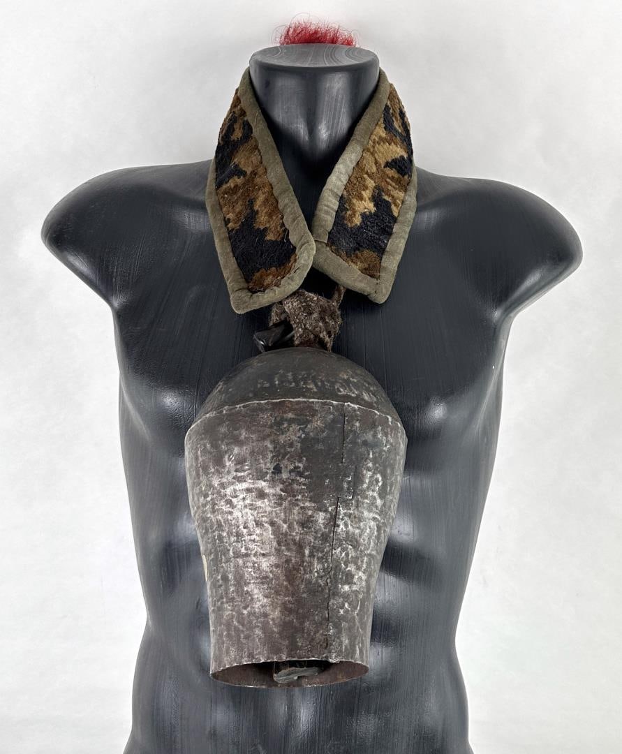 Antique Nepalese Yaak Bell With Strap: The whole set up measures 22 1/4" long and the bell is 5 3/4" in diameter.