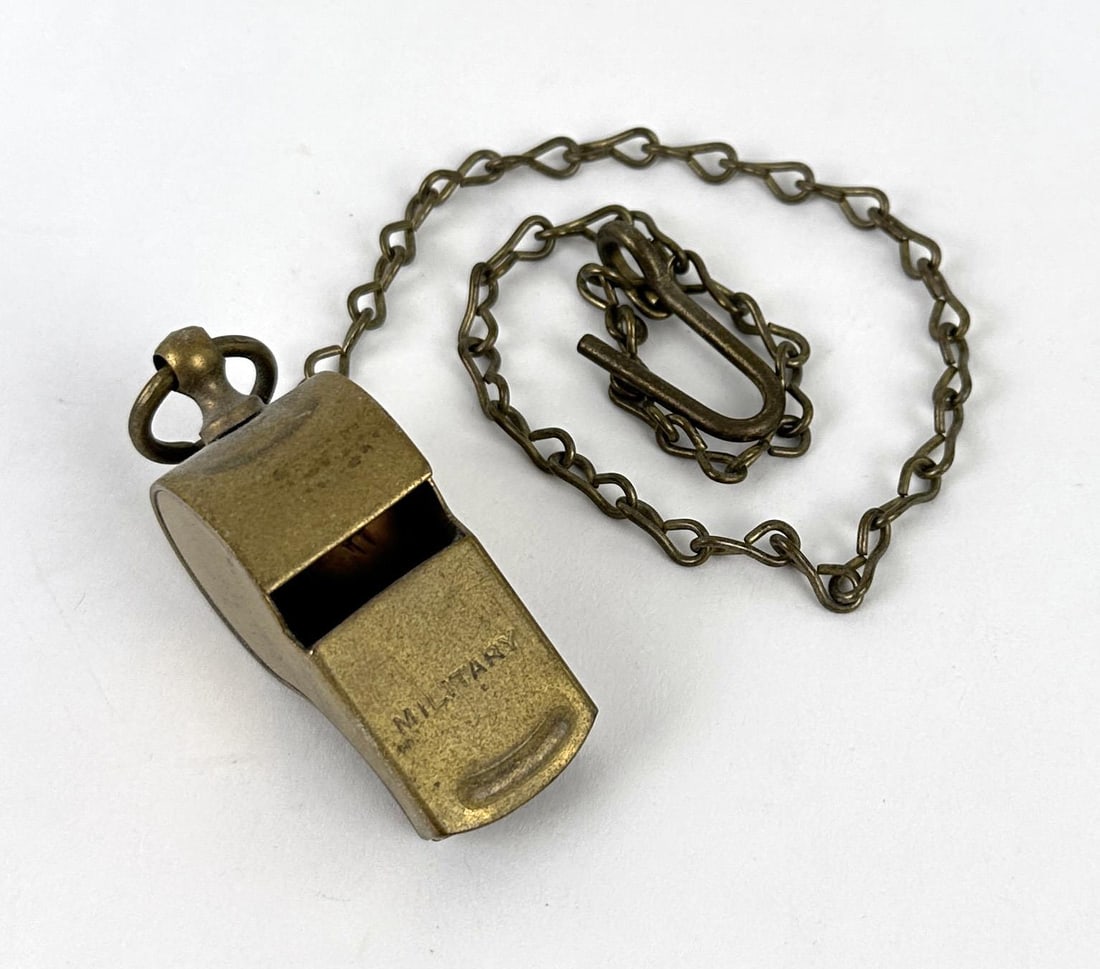 Brass Military Whistle On Chain: Whistle and chain measure a total of 17 1/4" long.