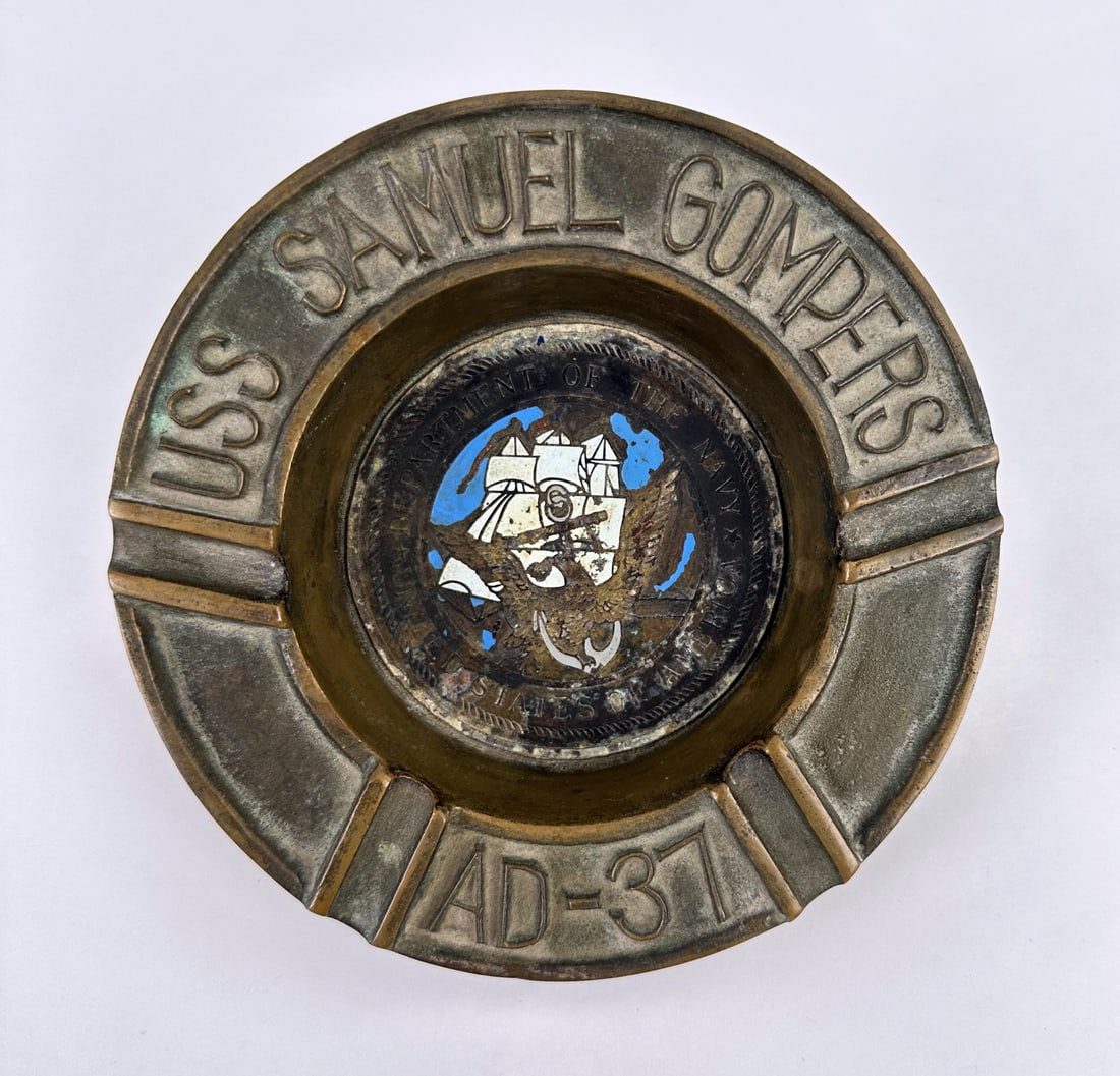 USS Samuel Gompers AD 37 Brass Ashtray US Navy: Measures 6" in diameter and 1 1/4" high.