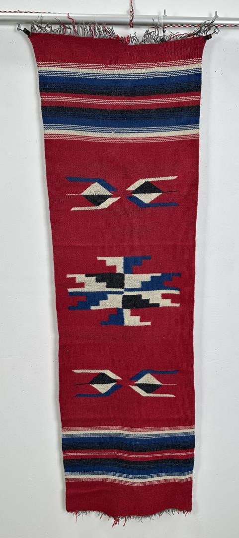 Vintage Chimayo Indian Rug Runner: 16" by 55" not including fringe.