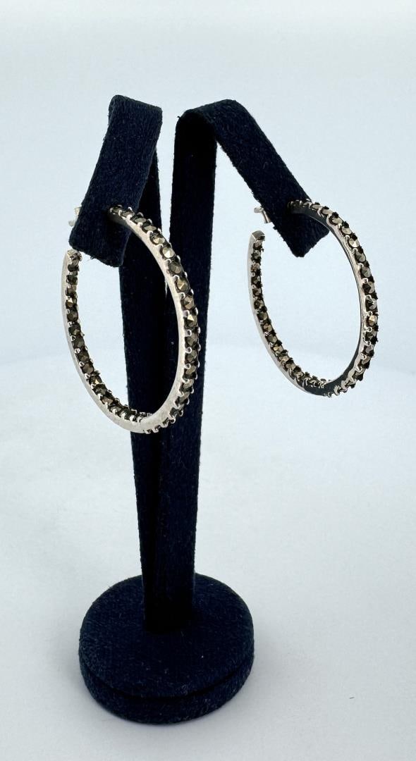 Sterling Silver Marcasite Hoop Earrings: 1 1/8" diameter.