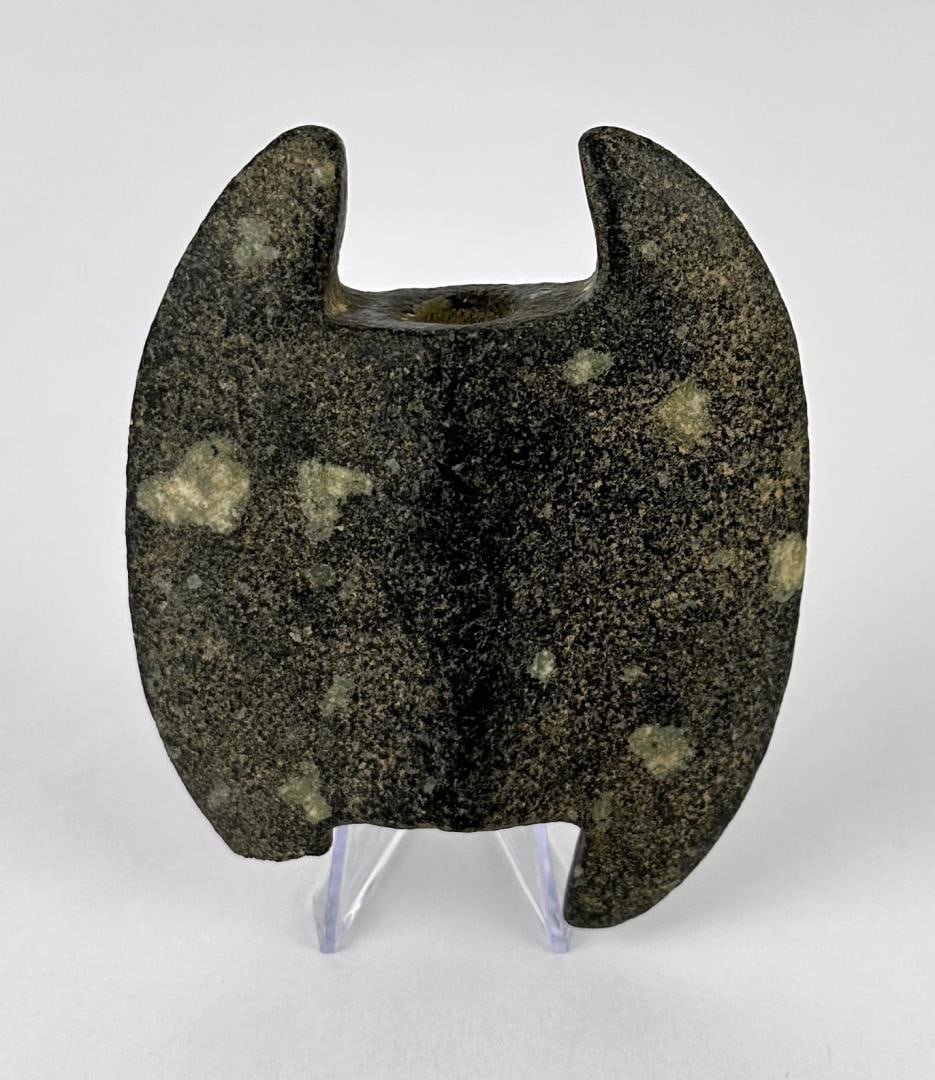 Native American Indian Porphyry Bannerstone: Stone is damaged. Appears to have age, but is being sold as-is. 4 5/8" long, 3 5/8" wide.