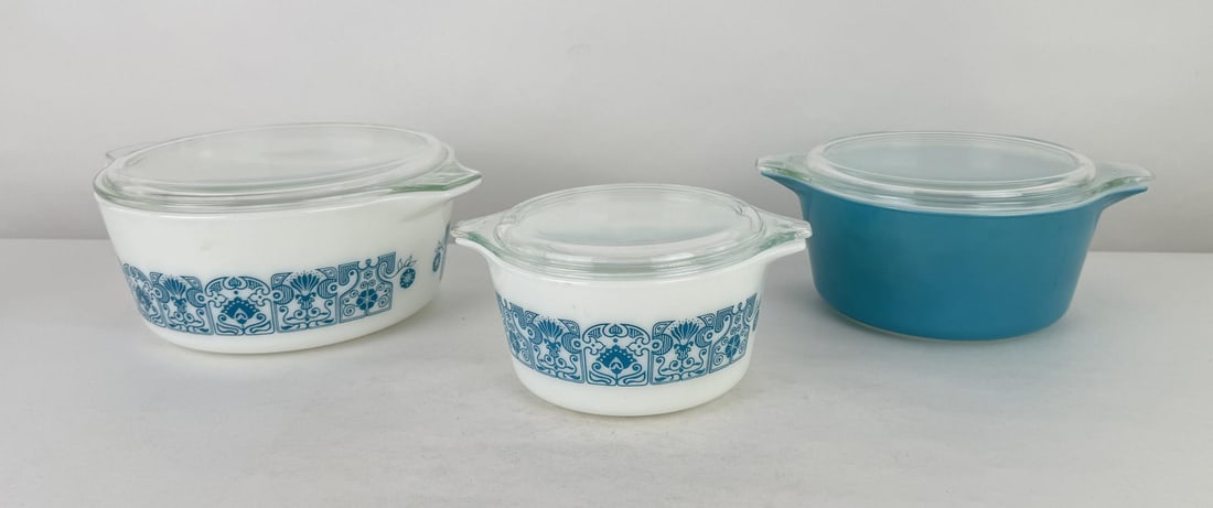 Pyrex Horizon Blue Casserole Dish Set With Lids: Sizes 473, 474, 475