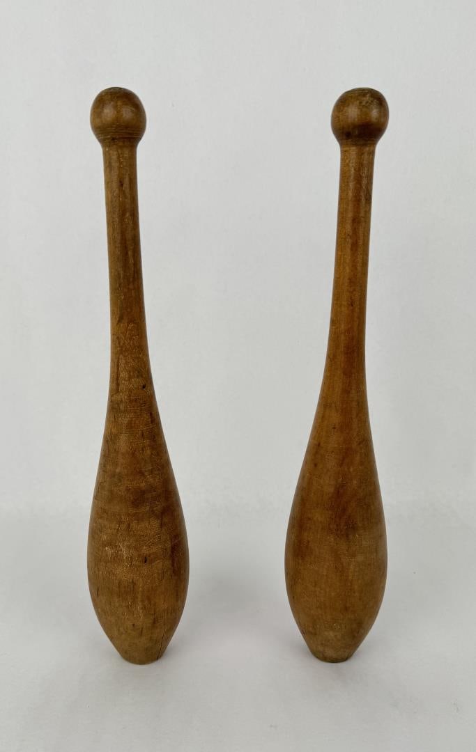 Antique Indian Club Exercise Juggling Pins: 2 total. 15" tall by 2 3/4" in diameter. 1 pound each