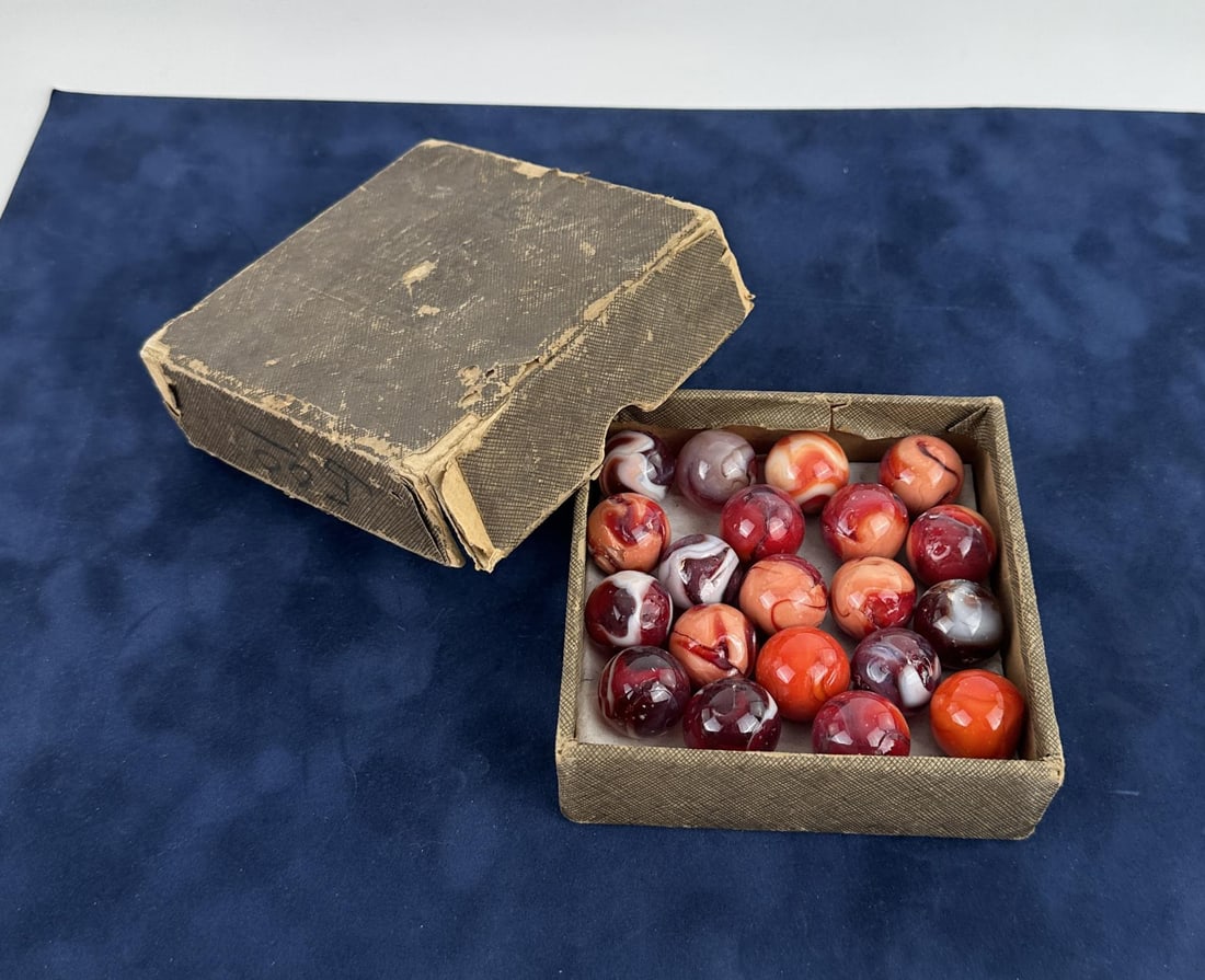 Antique Oxblood Marbles in Original Box: Largest is .946" diameter.