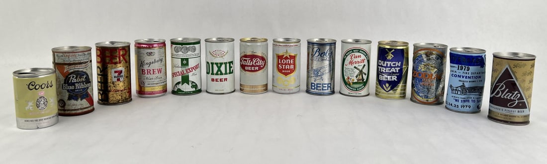 Collection of Vintage Beer Cans: Nice grouping. Coors, Pabst, 7 Eleven, Kingsbury, Dixie, Falls City, Dutch Treat, Blatz and more.