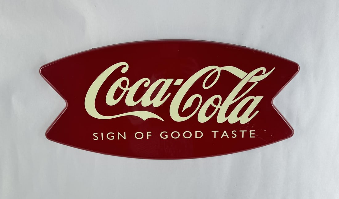 1996 Coca Cola Metal Fishtail Sign: 24" by 11 1/2".