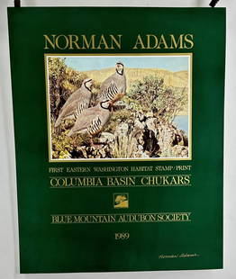 Norman Adams 1989 Washington Habitiat Stamp Poster: Columbia Basin Chukars. 20" by 16".