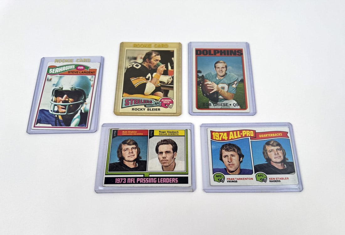 Group Of Vintage NFL Football Cards: 5 total. Steve Largent, Rocky Bleier, Bob Griese, 1973 Passing Leaders, 1974 All Pro Quarterbacks