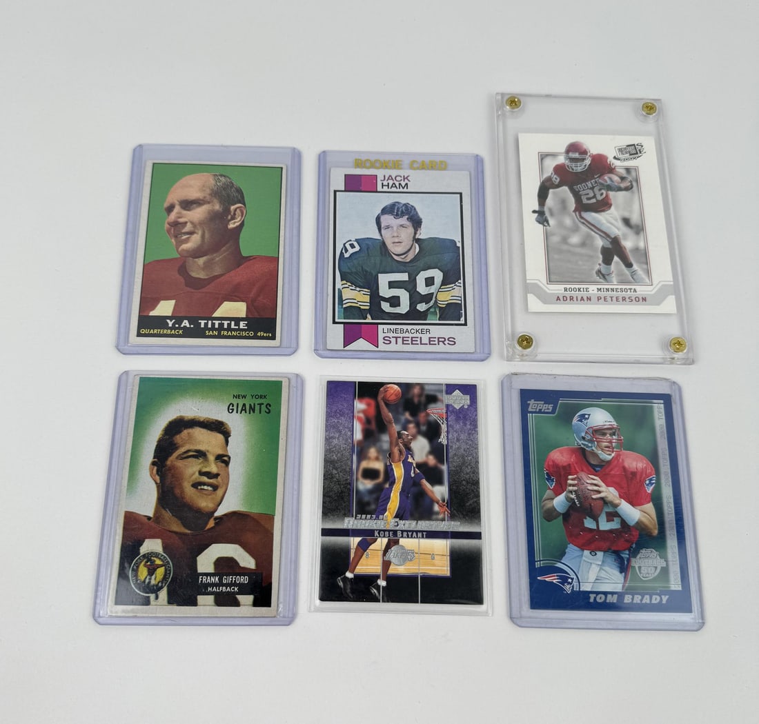 Group Of Football and Basketball Sports Cards: YA Tittle, Frank Gifford, Jack Ham, Kobe Bryant, Adrian Peterson, Tom Brady
