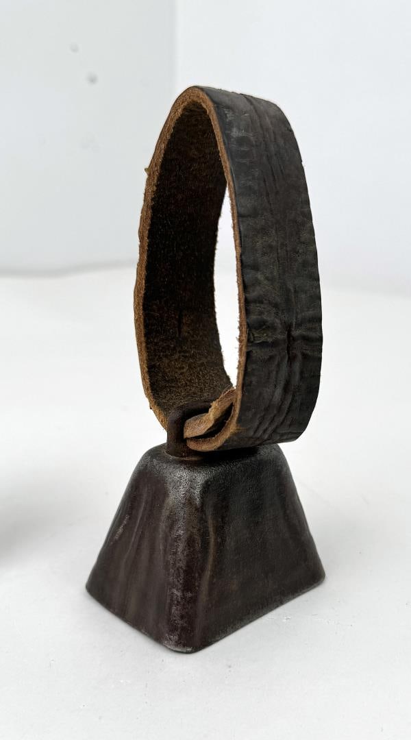Antique Montana Sheep Bell On Leather Strap: Measures 5 3/4" tall with strap. Base is 2 1/4" by 2 1/2".