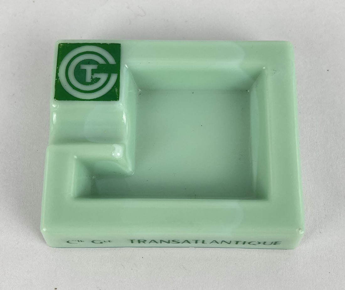 Cie Gle Transatlantique Jadeite Ivorex Ashtray: Cie Gle is a French shipping company. 3 1/4" by 2 1/2" by 3/4" high.