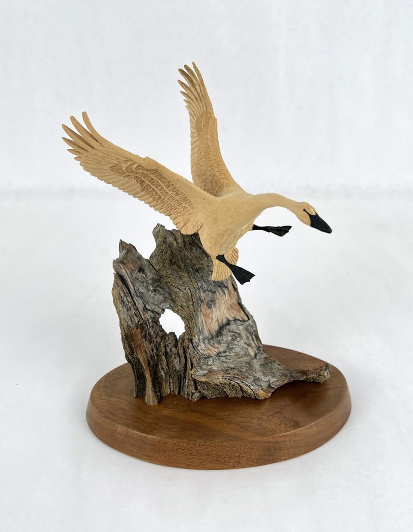 G. Lovejoy Swan In Flight Wood Carving: 9 3/4' tall. Base measures 8 /14" by 5 1/4"