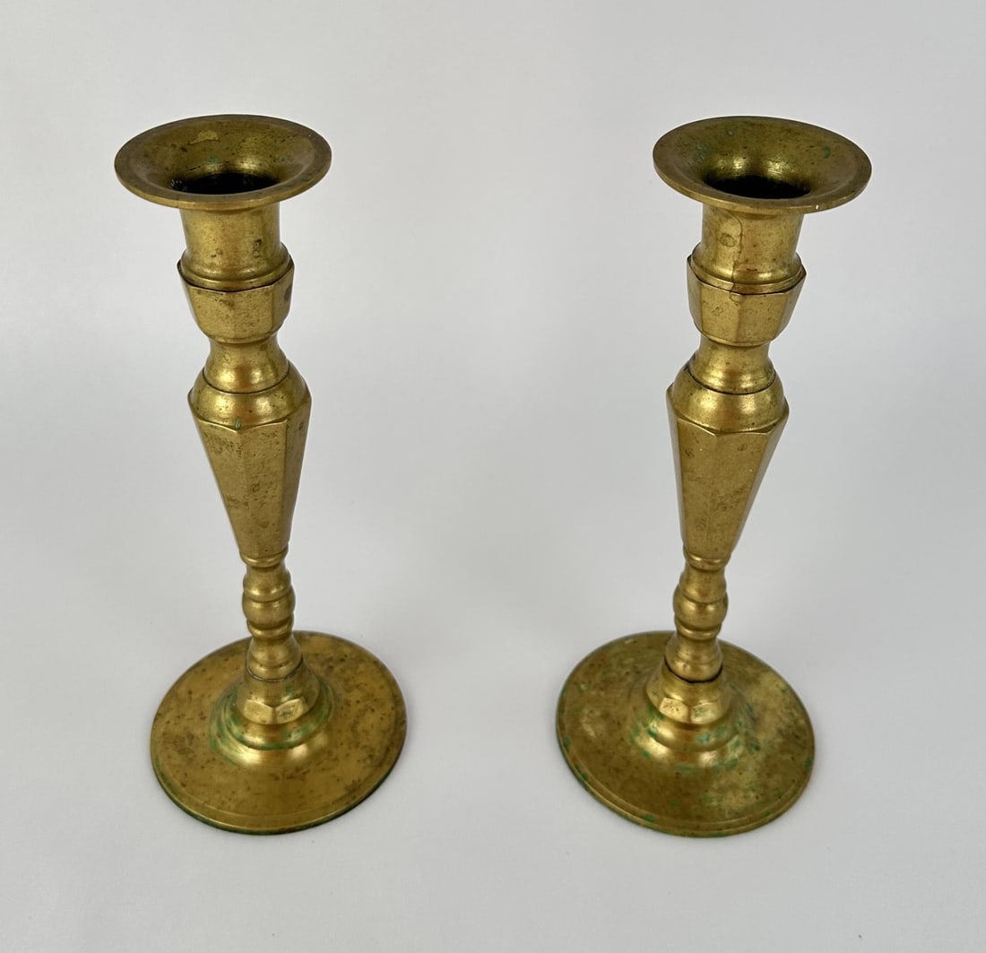 Antique Brass Candlesticks: Each measures 8" tall by 3 1/4" in diameter at the base