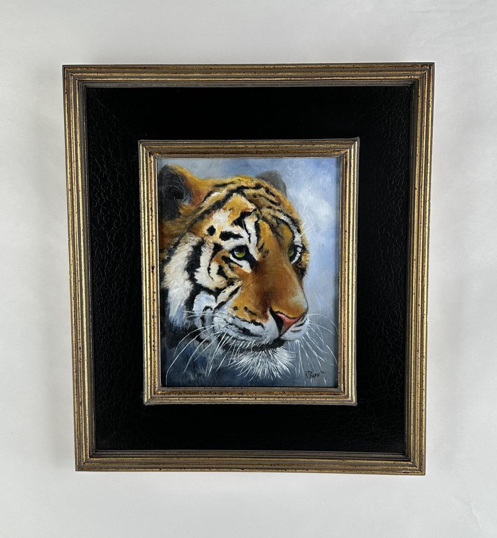 Norma Lee Pfaff Montana Oil on Canvas Painting: Titled Cleo. 16 1/2" by 14 1/2" framed. 8" by 10" framed. The artist says of herself I was born and raised in Montana where I learned to appreciated nature around me at a young age. Art always played 