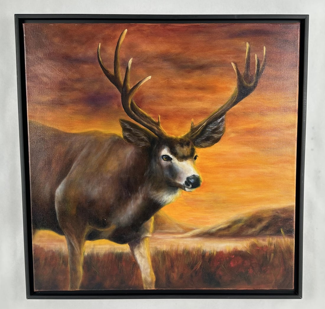 Norma Lee Pfaff Montana Oil on Canvas Painting: Titled Sunset In Eastern Montana. 25 1/2" by 25 1/2" framed. 24" by 24" unframed. The artist says of herself I was born and raised in Montana where I learned to appreciated nature around me at a young