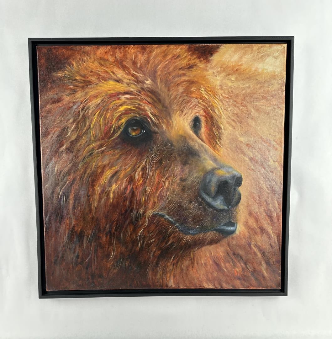 Norma Lee Pfaff Montana Oil on Canvas Painting: Titled Mama Griz. 25 1/2" by 25 1/2" framed. 24" by 24" unframed. The artist says of herself I was born and raised in Montana where I learned to appreciated nature around me at a young age. Art always