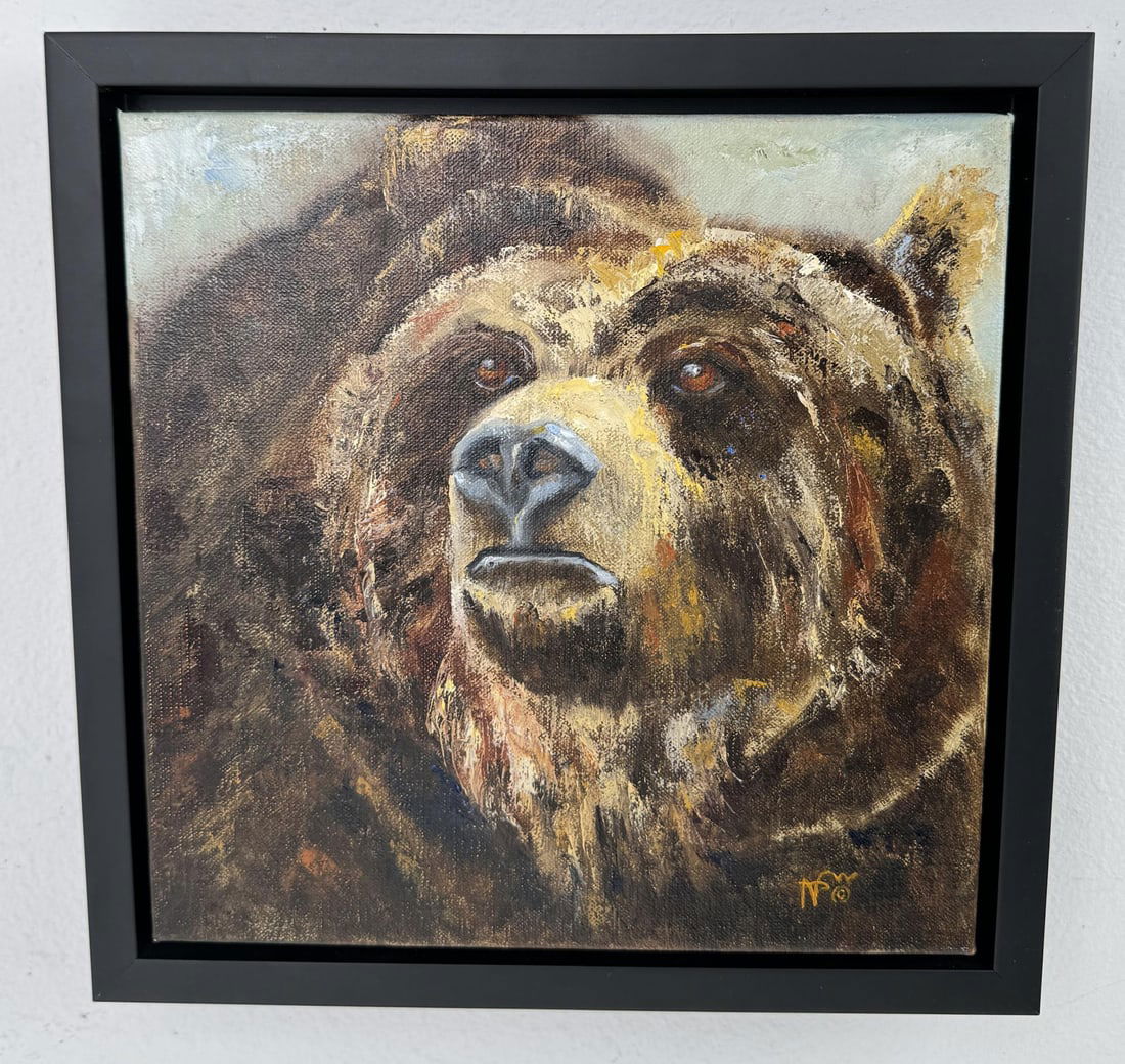 Norma Lee Pfaff Montana Oil on Linen Painting: Titled Griz. 11 3/4" by 11 3/4" framed. 10" by 10" unframed. The artist says of herself I was born and raised in Montana where I learned to appreciated nature around me at a young age. Art always play
