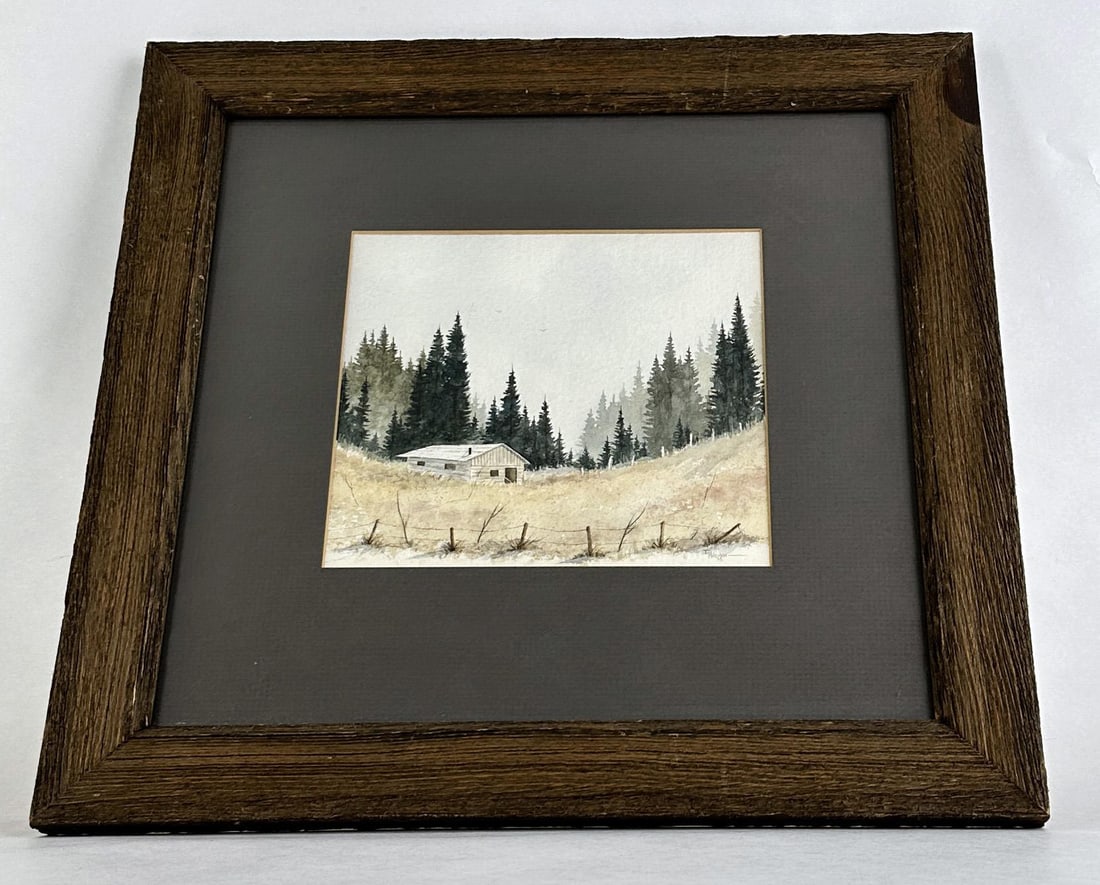 Todd Hileman Montana Watercolor Painting: Title is Helena Cabin. 14 3/4" by 14 1/4" framed.