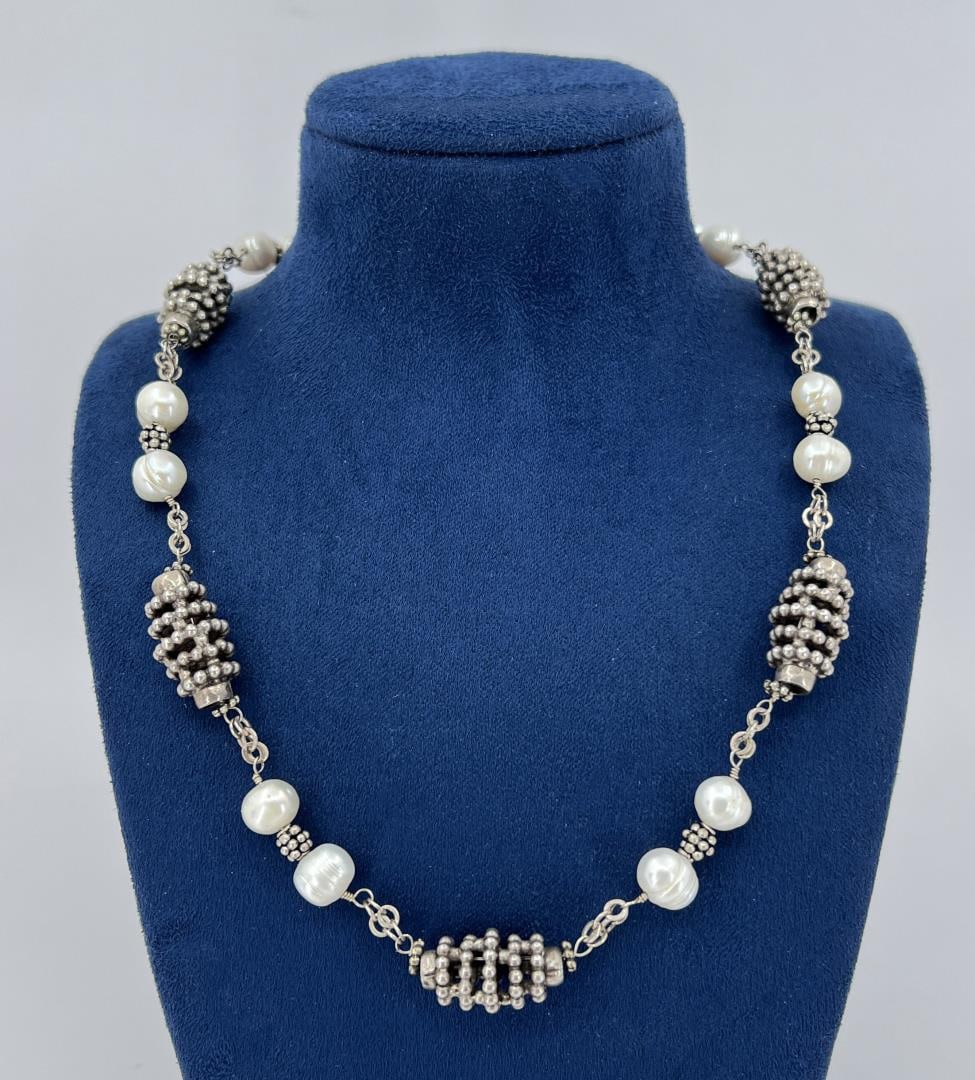 Michael Dawkins Sterling Silver Pearl Necklace: 9 1/4" closed.