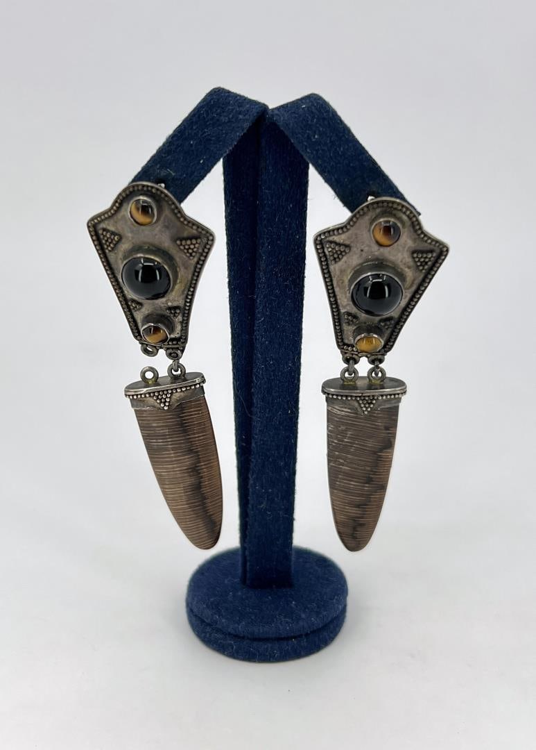 Tibetan Multi Stone Sterling Silver Earrings: 2 1/2" long. One drop ring is absent.